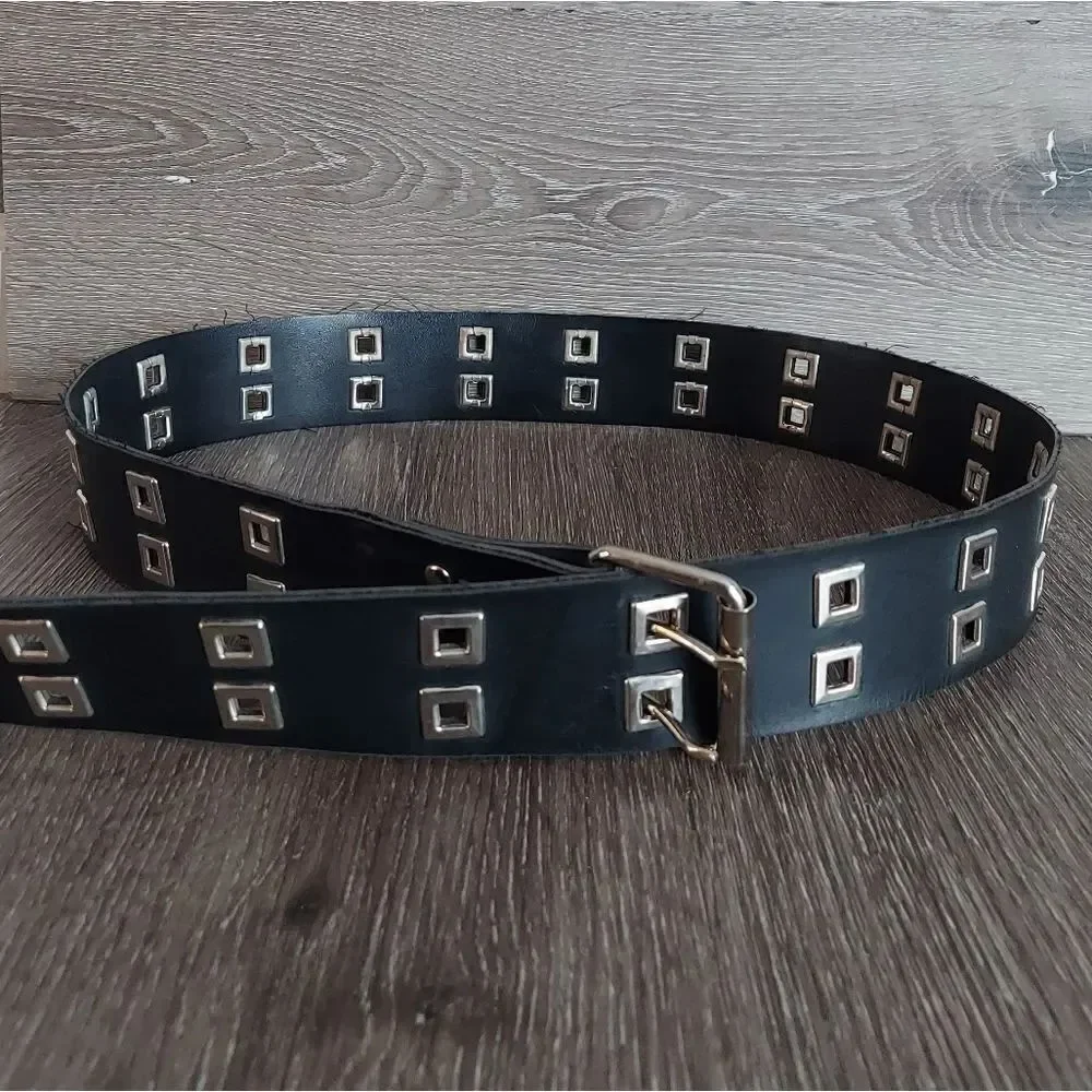 Vintage Retro Punk Black Square Rivet Belt Double Prong Buckle 47